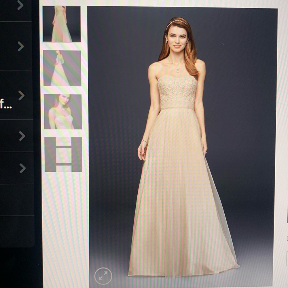 Brand New W/Tags. David’s Bridal White Strapless A-Line Beaded Lace Tulle Dress.